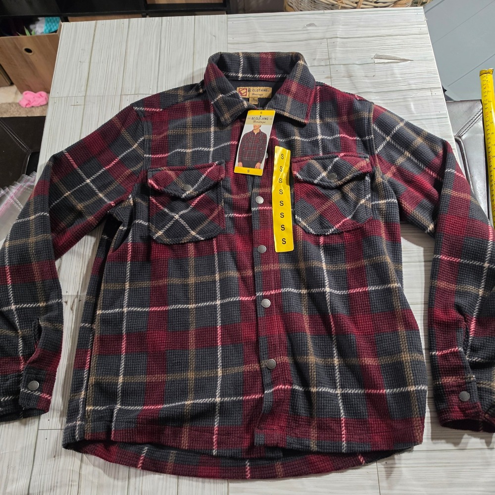BC Clothing Heritage Mens Waffle Knit Flannel Plaid Shirt Jacket Red Grey S